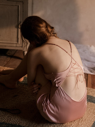 Sexy Thin Lace Backless Ice Silk Nightdress
