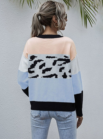 Leopard Print Stitching Contrast Knitted Cardigan