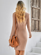 Long Sleeve Round Neck Solid Color Slim Dress