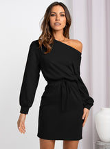 Fashion Slanted Shoulders and Round Neck Dress