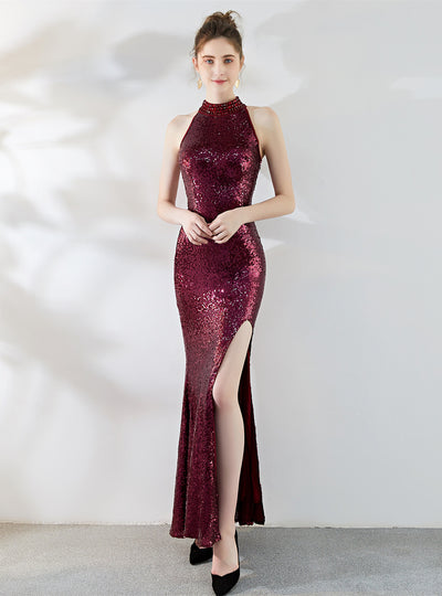 Split Long Sequined Evening Dress