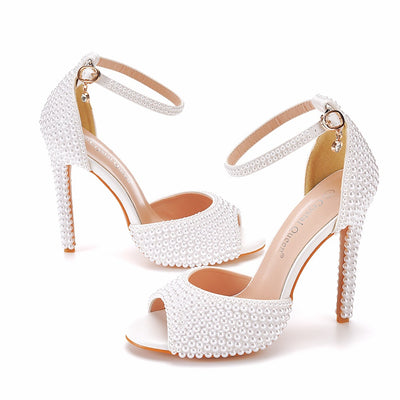 White Pearl Fish Mouth High-heeled Sandals
