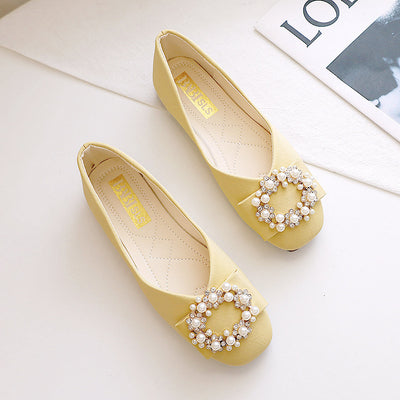 Pearl Buckle Shallow Square Head Flat Shoes