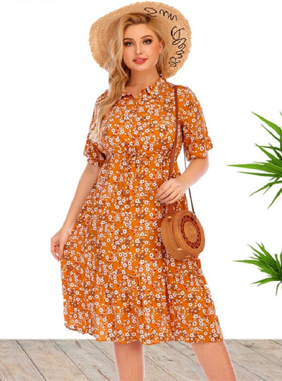 Large Size Short Sleeve Shirt Collar Printed Dress