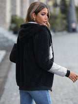 Hooded Sequins Stitching Zipper Fleece Jacket