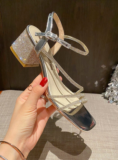 Thick-heeled Rhinestone Sandals