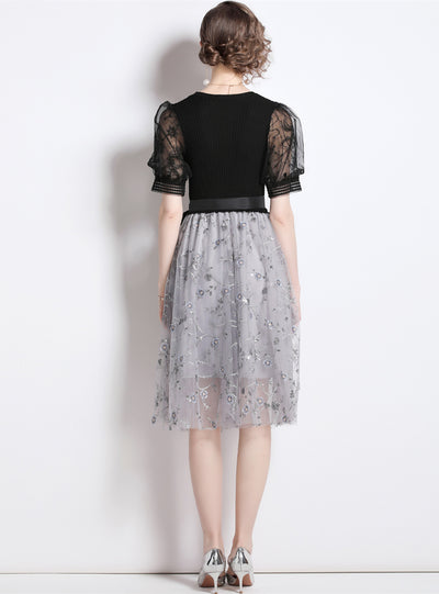 Black Mesh Embroidery Knit Stitching Dress
