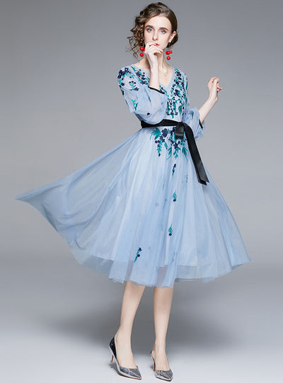 Blue Gauze Embroidered Tulle Dress