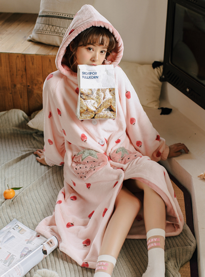 Pink Strawberry Sweet And Lovely Flannel Home Clothes