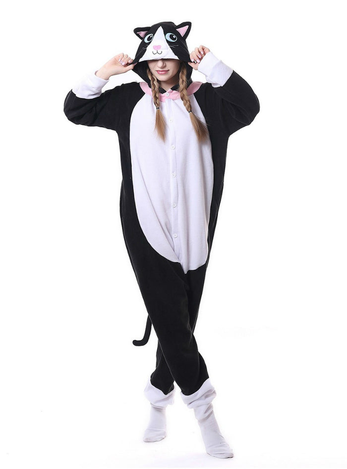 Flannel Black Cat Onesie Pajama Animal For Women