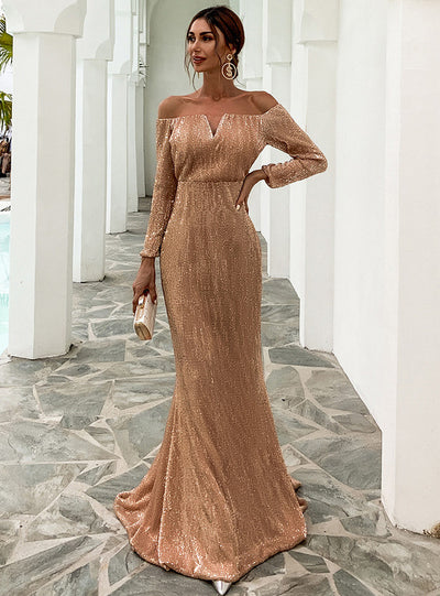 Sexy Off Shoulder Sequins Long Sleeve Trailing Dress