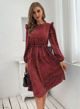 Round Neck Long Sleeve Polka Dot Dress