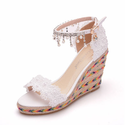 Lace Beaded Fishmouth Wedge Sandals