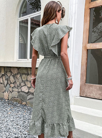 Summer Printed Ruffled Lace-up Dress