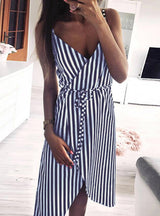 Women Stripe Printing Sleeveless Off Shoulder Dress