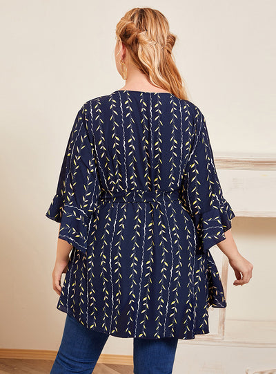 V-neck Trumpet Sleeve Printed Slim Top