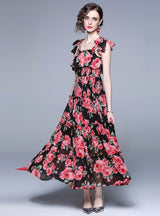 Black Retro Rose Sling Dress