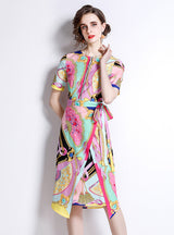 Printed Slim Waist Short Sleeve Dress