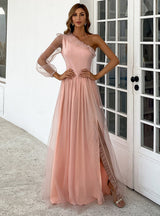 Pink Tulle One Shoulder Long Sleeve Party Dress