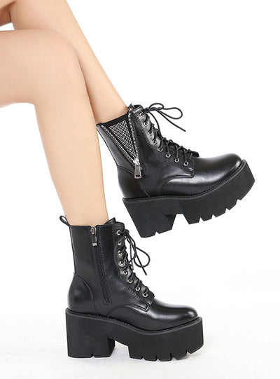Thick Heel Zipper Rhinestone Martin Boots
