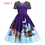 Christmas Short Sleeve Printed Lace Stitching Dress