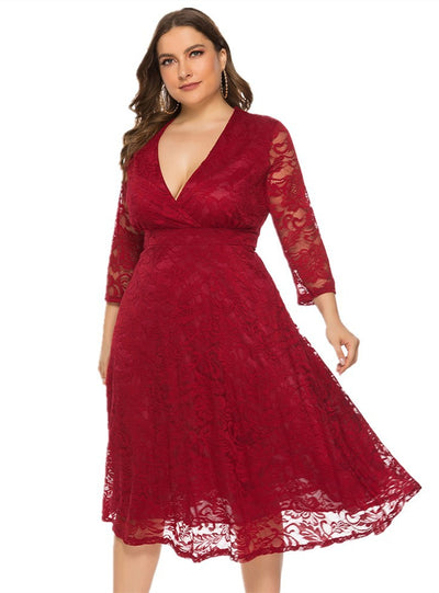 Big Hollow Red Lace Long Sleeve Dress