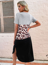 Short-sleeved Leopard Print Split Dress