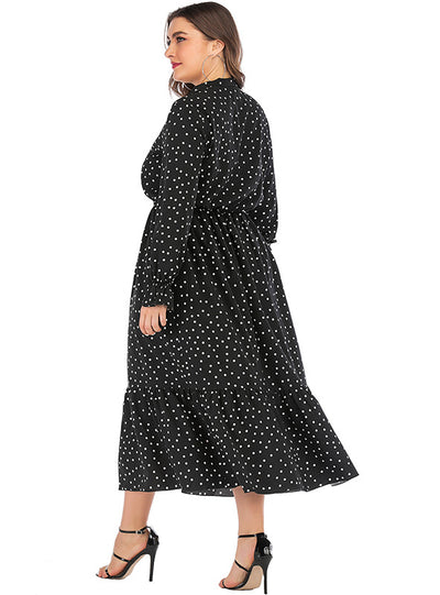 Black Polka Dot Printed Bow V-neck Long Sleeve Dress