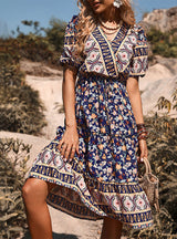 Blue Short Sleeve Printed V-neck Dress