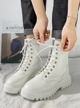 Women PU Leather Ankle Boots Round Toe Lace Up Shoes
