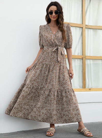 V-neck Printed Bubble Sleeve Dress