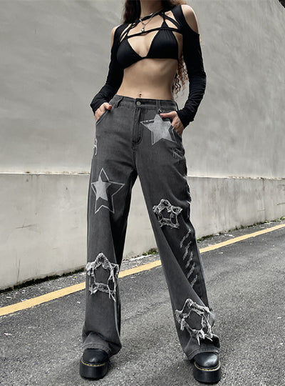 Star Patch Stitching High Waist Jeans