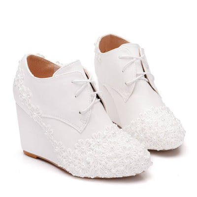 White Wedge Wedge Lace-up Boots