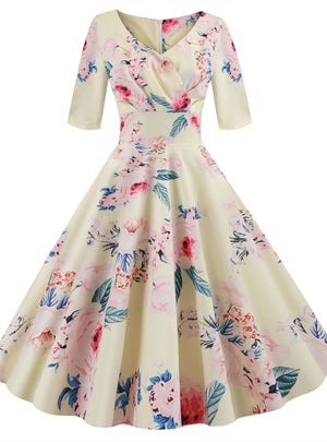 Sleeve V-neck Print Vintage Dress