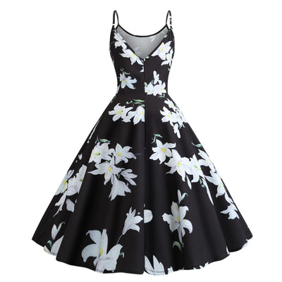 Black Spaghetti Straps Print Dress