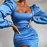 Women Satin Puff-Sleeve Ruched Dress