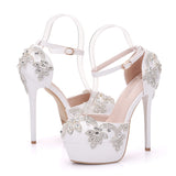 White Rhinestone Waterproof Platform Wedding Shoes