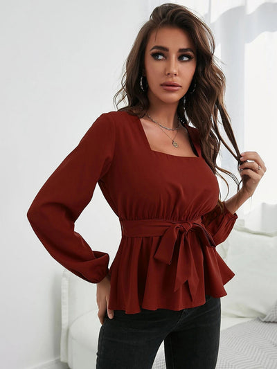 Square Neck Elastic Waist Ruffled Long Sleeve Shirt
