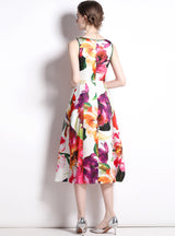Printed Sleeveless Big Swing Waist Dress