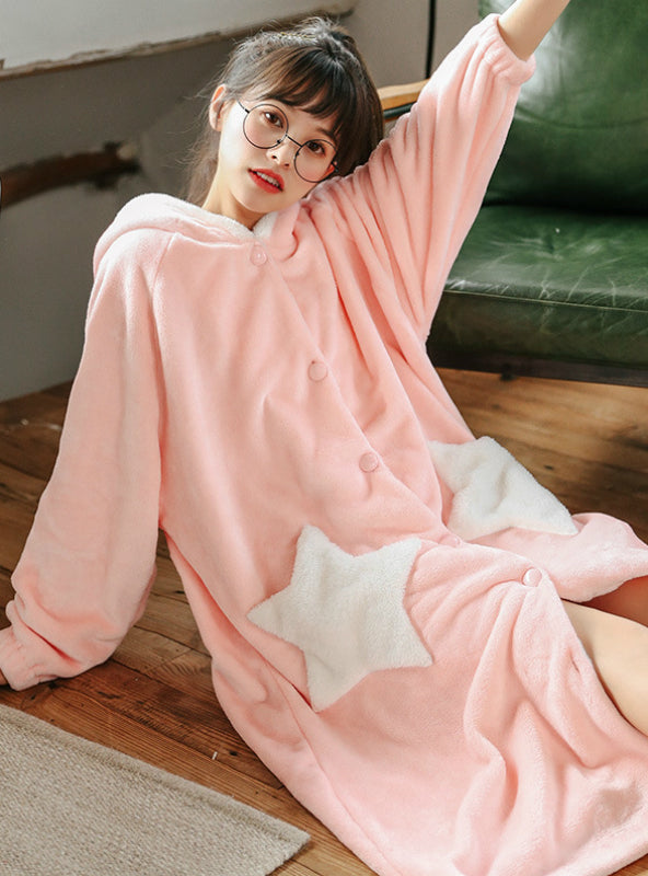 Pink Star Winter Women Long Sleeve Velvet Sleepwear