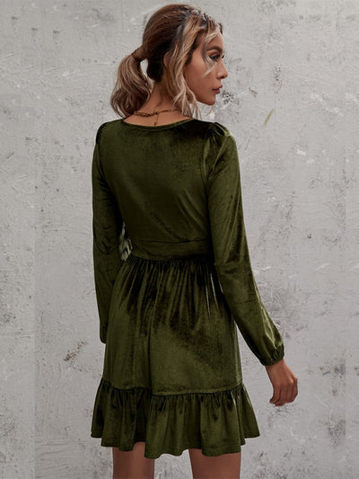 Deep V-neck Puff Sleeve Velvet Ruffled Dress