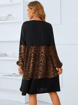 Round Neck Leopard Print Stitching Long Sleeve Dress