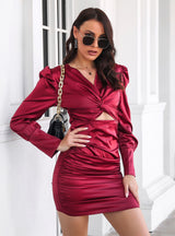 Satin Kinked Bubble Sleeve Pleated Dress