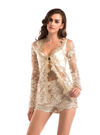 Sexy Lace Perspective Long Sleeve Shorts
