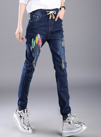Jeans Floral Print Women Boyfriend Pencil Pants