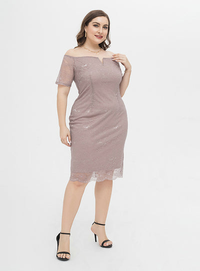 Pink Sheath Lace Short Sleeve Party Dress