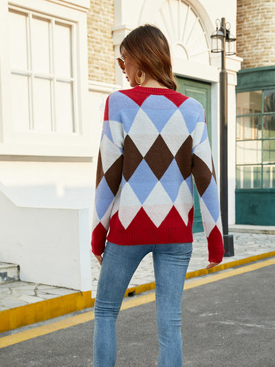 Pullover Diamond Pattern Contrast Sweater