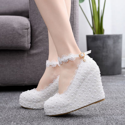 White Lace Wedges Wedding Shoes