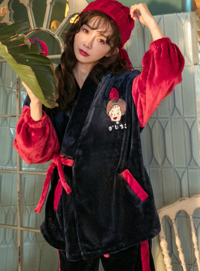 Japanese Flannel Kimono Pajamas Cartoon Strawberry Velvet
