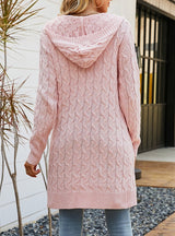 Long Solid Color Pocket Hooded Twist Cardigan Coat